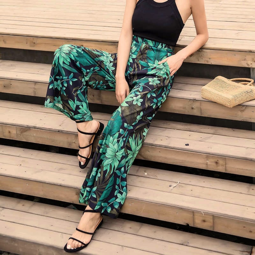 Zara Black Wide-Leg Tropical Print Pants